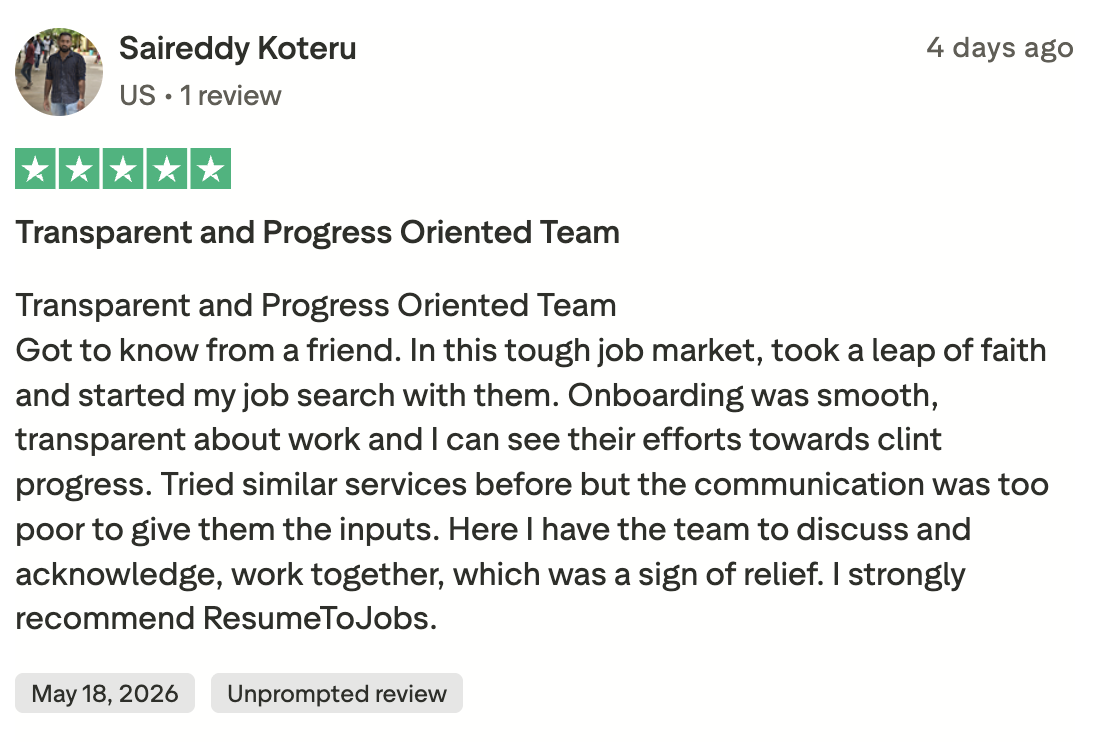 Trustpilot review describing a previous service and then ResumeToJobs